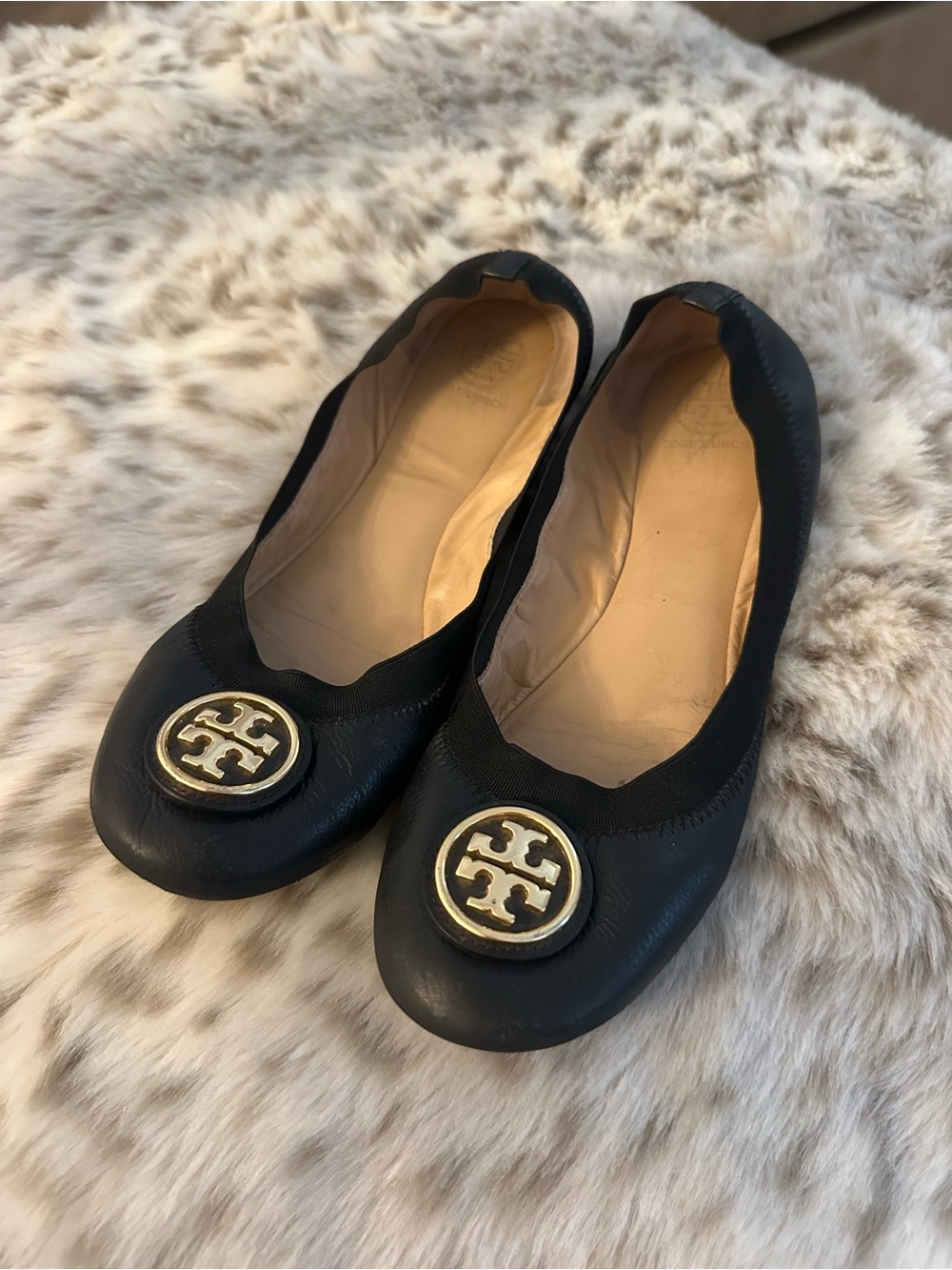 Tory Burch Black Leather Logo Ballet Flats with Gold Emblem